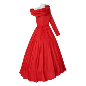 Stunning red cosplay dress with elegant draped cowl neck and dramatic full skirt design.