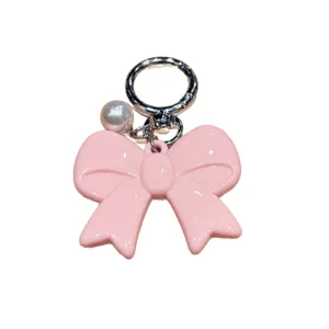 Cute pink bow keychain with pearl pendant, sweet aesthetic acrylic bag charm and key ring.