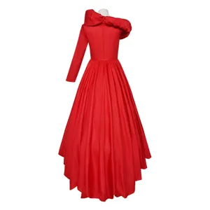 Red asymmetric one-sleeve cosplay dress with high-low ball gown hem for stage performances.