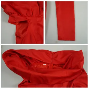 Red cosplay costume detail view, featuring smooth zipper, soft lining and clean red fabric.