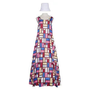 Sleeveless long maxi dress with colorful geometric blocks and matching white bucket hat.