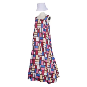 Cosplay dress with geometric color blocks and matching white bucket hat for stage.