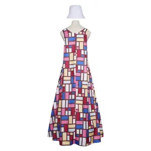 Women sleeveless geometric color block long dress with white bucket hat cosplay outfit