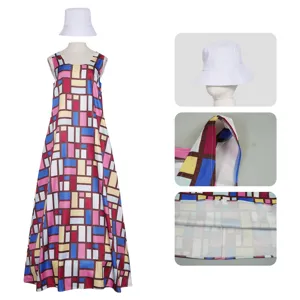 Detailed view of sleeveless geometric pattern maxi dress and white bucket hat, fine stitching.