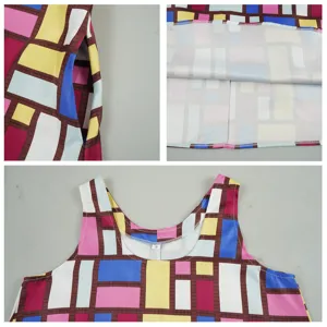 Close-up details of the colorful geometric print tank top showing neckline, pocket and hem.