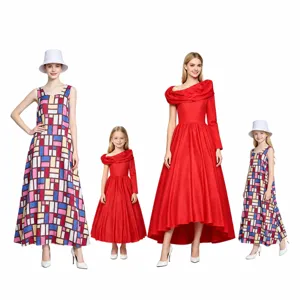 Women Kids Cosplay Costume Dress Red Long Sleeve Evening Gown Geometric Colorblock Party Stage Performance Dress