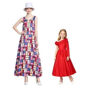 Mother and daughter matching cosplay dresses, geometric print maxi dress and red party gown.