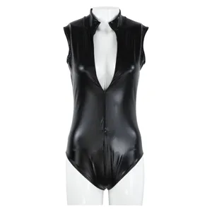 Black glossy sleeveless open-chest bodysuit cosplay costume detail showing front zipper and collar.
