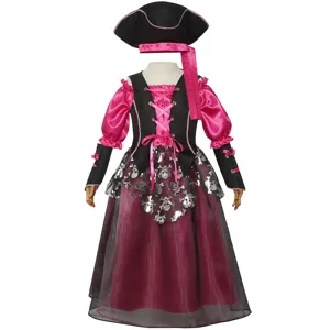 Disfraz de pirata rosa para niñas, bonito vestido de cosplay de Halloween con sombrero.