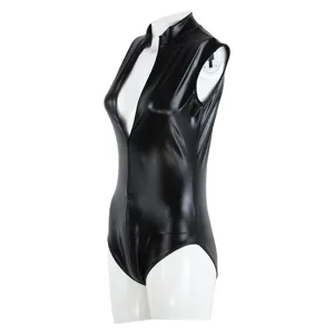 Black patent leather sleeveless high-cut bodysuit, sexy deep V open chest cosplay costume.