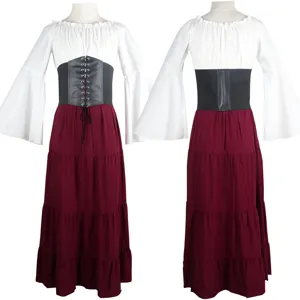 Renaissance medieval costume dress detail view, trumpet sleeves, lace-up corset waist.