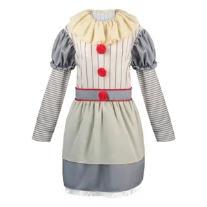 Halloween clown cosplay kostuum voor vrouwen grijs gestreepte jurk met rode pompons