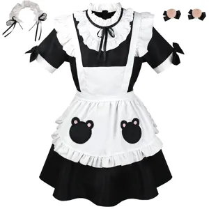 Japanese Cute Bear Maid Costume Lolita Anime Cosplay Outfit Black White Dress Apron Bow Hair Accessories Women