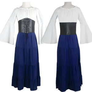 Medieval Renaissance costume dress with flared sleeves and corset waist for women.