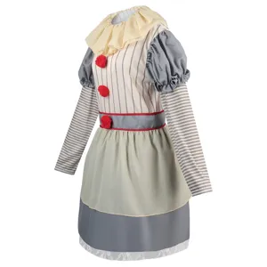 Vrouwen Halloween cosplay kostuum, eng clown jurk met gestreepte mouwen en rode pompons.