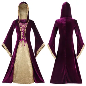 Robe médiévale renaissance en velours avec capuche cosplay reine costume élégante.
