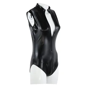 Sleeveless black patent leather cosplay bodysuit, stylish deep V front zipper anime costume.