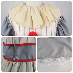 Gedetailleerd overzicht van dames Halloween clown cosplay kostuum met kraag en kanten zoom.