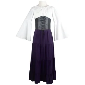 Medieval renaissance dress detail shot featuring trumpet sleeves, corset belt and purple skirt.
