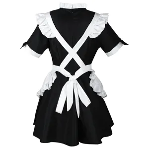 Classic black and white maid costume for anime cosplay, cute Lolita dress with ruffles.