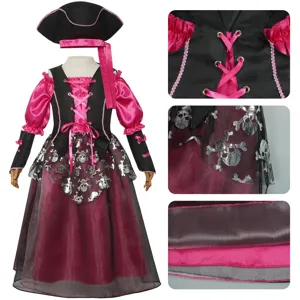 Disfraz de pirata rosa para niños halloween cosplay vestido con sombrero y estampado de calavera.