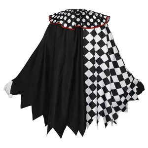 Détail de cape de bouffon noir et blanc avec col à pois et motif de damier classique.