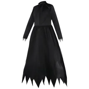 Close-up of black cosplay dress detail, high collar, long sleeves, and jagged hemline.