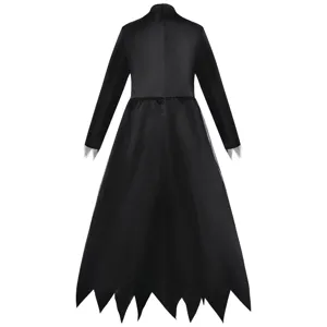 Black Halloween cosplay costume long dress with jagged hem and sleeves for party.