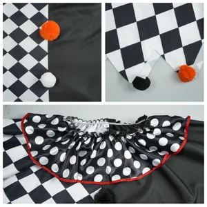 Déguisement cosplay Halloween clown cape noire et blanche vue de détail avec pompons