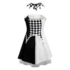 Black and white checkered jester cosplay costume dress with collar for Halloween party.