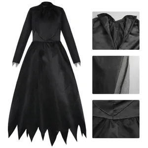 Detailed view of black Halloween cosplay witch vampire dress, showing zipper and fabric texture.