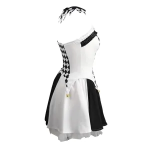 Black white checkered clown cosplay costume Halloween dress with headband and cute bells.