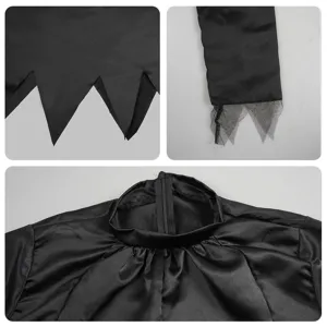 Black Halloween cosplay costume detail view, featuring pointed hem and mesh sleeve cuffs.