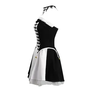 Black and white plaid clown costume detail, ruffles and mini bells trim, side view.