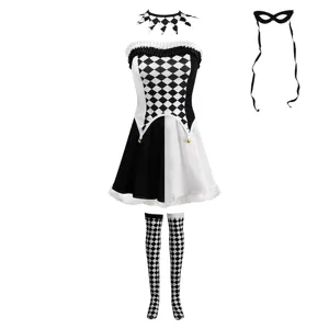 Women Halloween Black And White Checkered Joker Cosplay Costume Vampire Evil Clown Outfit Fancy Dress Party Set