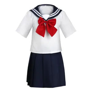 Japanese JK uniform set, white short-sleeve sailor shirt with red bow and navy pleated skirt.