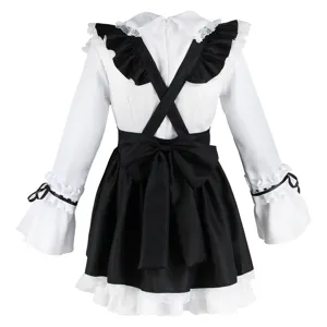 Vista dettagliata del retro del vestito cosplay da cameriera con spalline incrociate e fiocco.