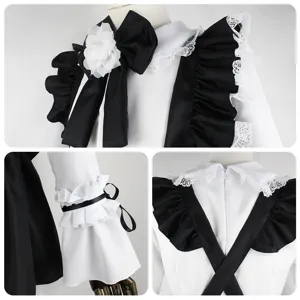 Dettagli in primo piano del costume cosplay da cameriera in bianco e nero con volant di pizzo.