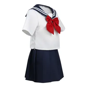 Japanese style JK sailor uniform set, short sleeve white top with navy collar and skirt.