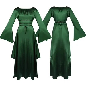 Détail de robe médiévale de face et de dos avec manches évasées et ceinture de taille.