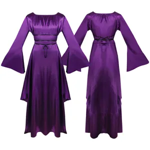 Robe longue de fete medievale manches longues col rond asymetrique costume femme detail