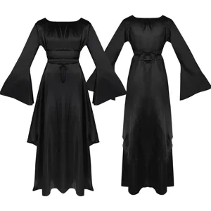 Robe longue gothique médiévale noire à manches longues et ceinture pour fête et cosplay.