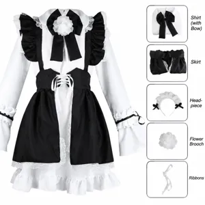 Costume cosplay da cameriera in bianco e nero abito Lolita con grembiule e accessori anime.