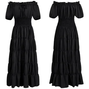 Vestido largo vintage medieval renacentista para mujer disfraz cosplay negro vista detalle