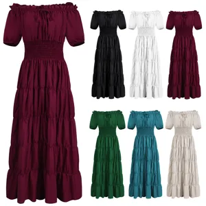 Mujer Medieval Renacimiento Vintage Cosplay Vestido Largo Hombros Descubiertos Manga Corta Vestido Escalonado Disfraz de Halloween