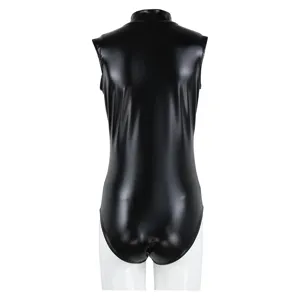 Black faux leather sleeveless bodysuit cosplay sukumizu leotard for women party wear
