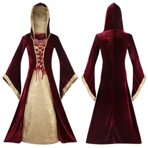 Robe médiévale renaissance à capuche cosplay costume velours reine longue robe