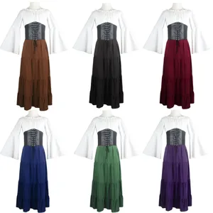 Medieval Renaissance Women Long Sleeve Flare Sleeve Dress Gothic Retro Cosplay Costume Party Long Maxi Dress