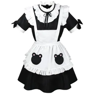Cute black and white maid dress lolita cosplay costume with bear pockets for women.