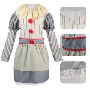 Halloween cosplay clown kostuum voor vrouwen, eng jurkje met volants en pompons voor feest.